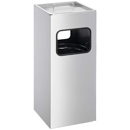 Durable Square Metal Waste Bin with Sand Ashtray, 17 Litre Bin/2 Litre Ashtray, Silver