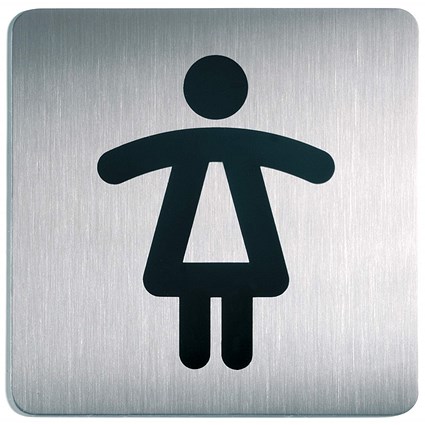 Durable Stainless Steel Adhesive Ladies WC Symbol Square Bathroom Toilet Sign, 150x150mm, Black on Silver